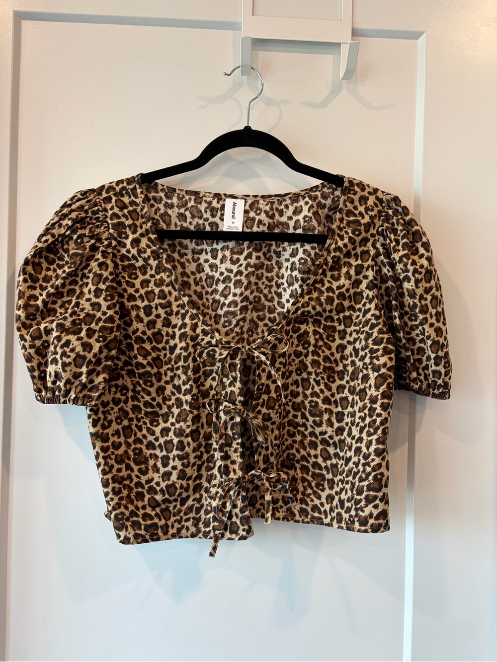 Abound Leopard Tie-Front Puff Sleeve Top - Brown/Black